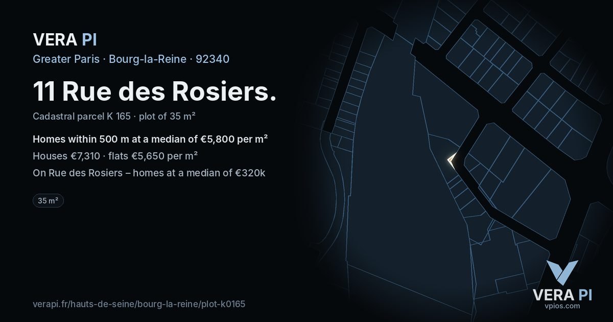 11 Rue des Rosiers, Bourg-la-Reine at night – the plot lit, the parcels around coloured by the prices near them
