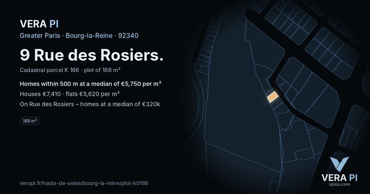 9 Rue des Rosiers, Bourg-la-Reine at night – the plot lit, the parcels around coloured by the prices near them
