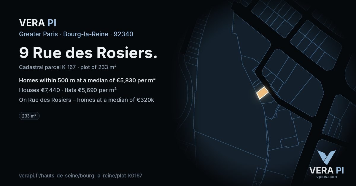 9 Rue des Rosiers, Bourg-la-Reine at night – the plot lit, the parcels around coloured by the prices near them