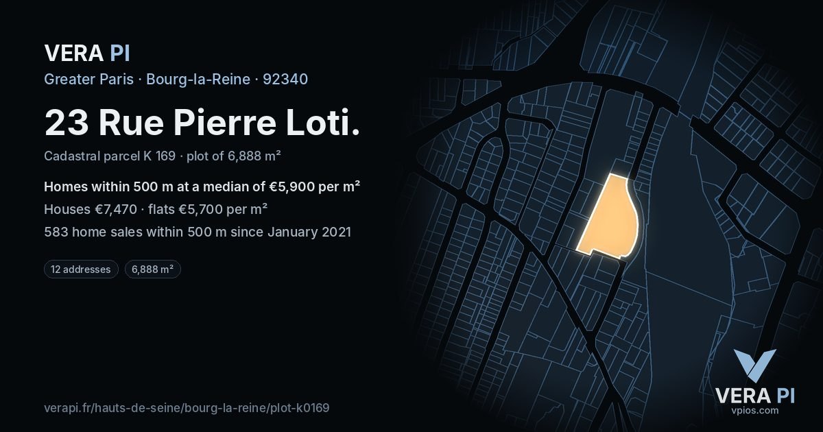 23 Rue Pierre Loti, Bourg-la-Reine at night – the plot lit, the parcels around coloured by the prices near them