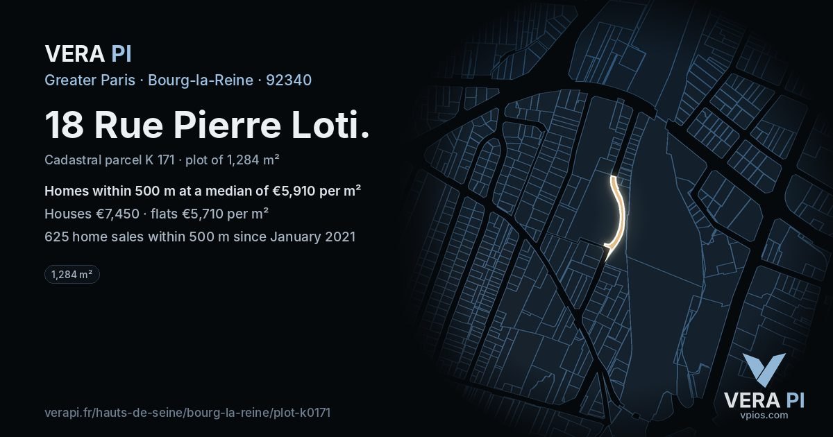 18 Rue Pierre Loti, Bourg-la-Reine at night – the plot lit, the parcels around coloured by the prices near them