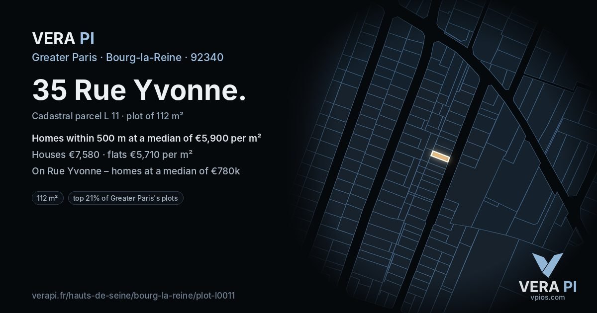 35 Rue Yvonne, Bourg-la-Reine at night – the plot lit, the parcels around coloured by the prices near them
