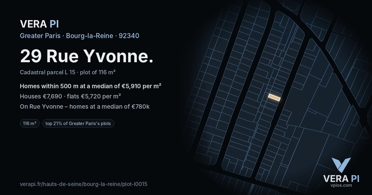 29 Rue Yvonne, Bourg-la-Reine at night – the plot lit, the parcels around coloured by the prices near them