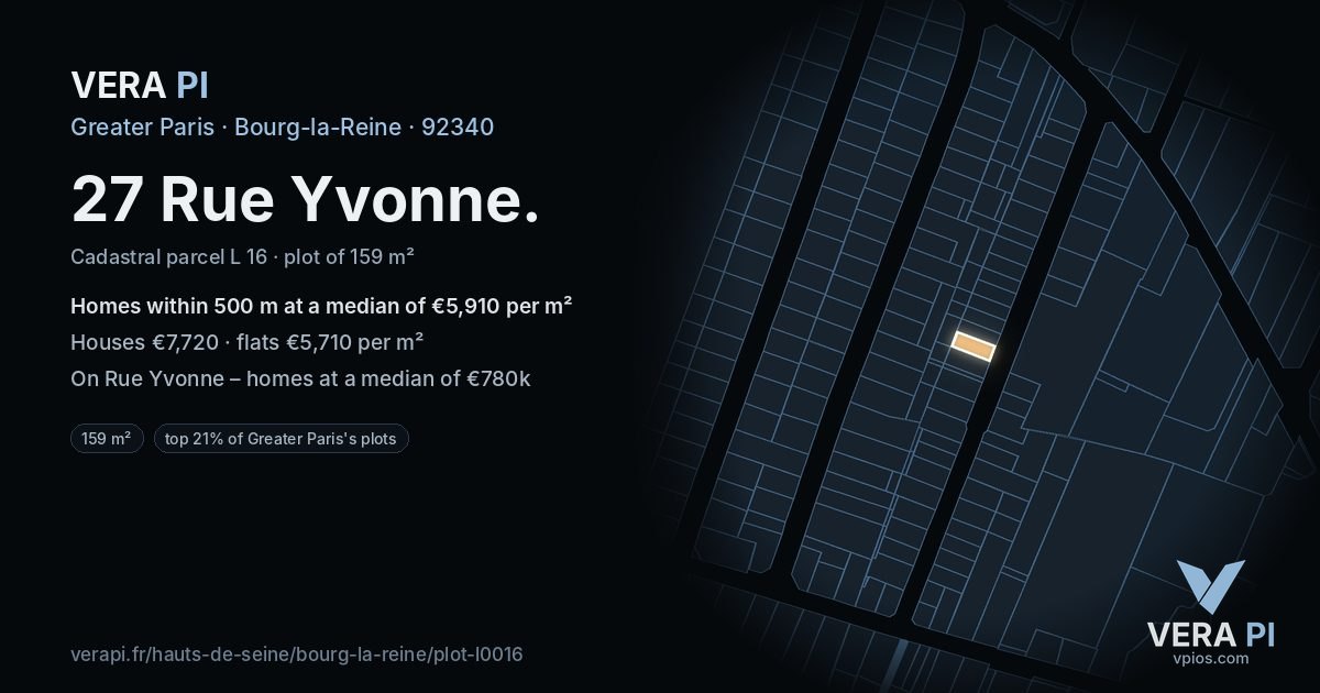27 Rue Yvonne, Bourg-la-Reine at night – the plot lit, the parcels around coloured by the prices near them