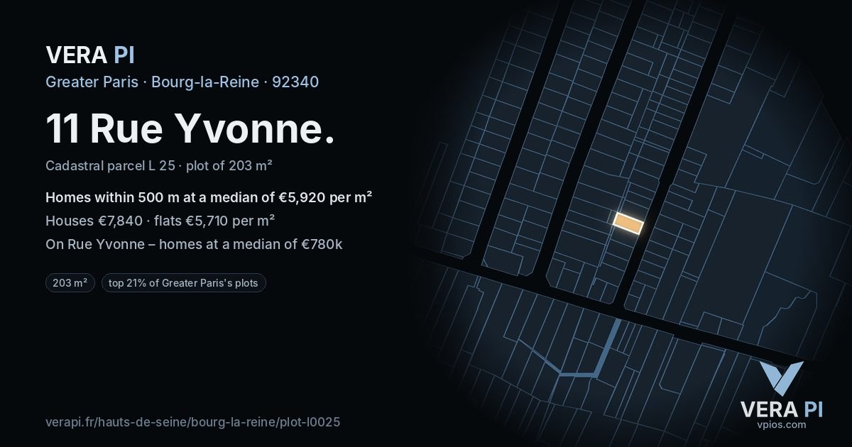 11 Rue Yvonne, Bourg-la-Reine at night – the plot lit, the parcels around coloured by the prices near them