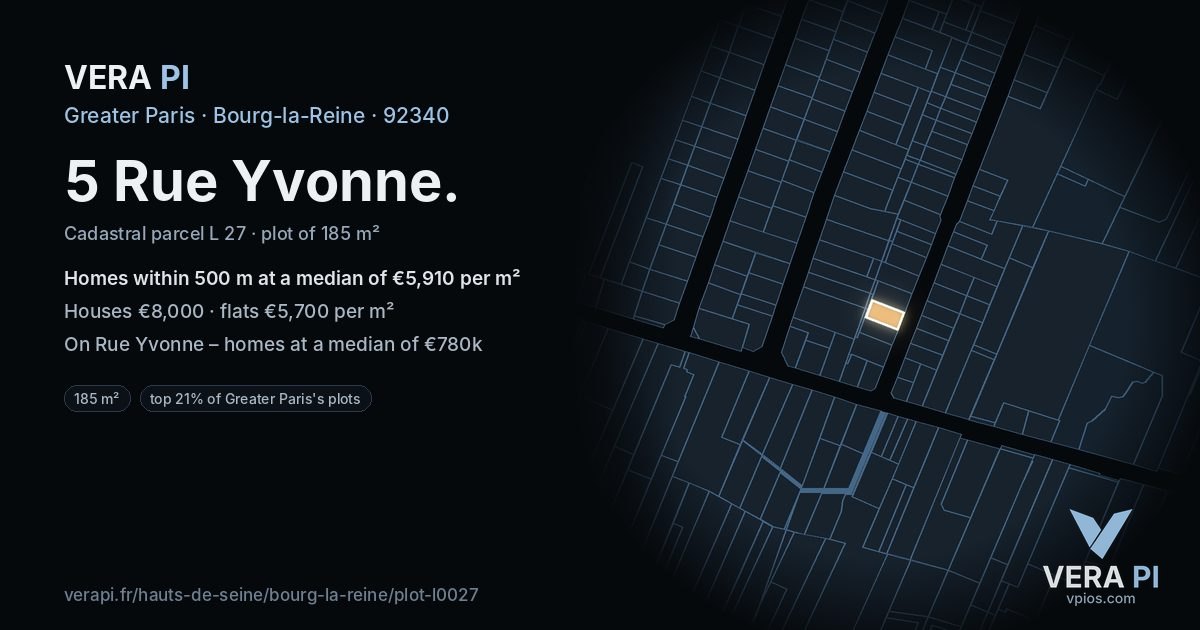 5 Rue Yvonne, Bourg-la-Reine at night – the plot lit, the parcels around coloured by the prices near them