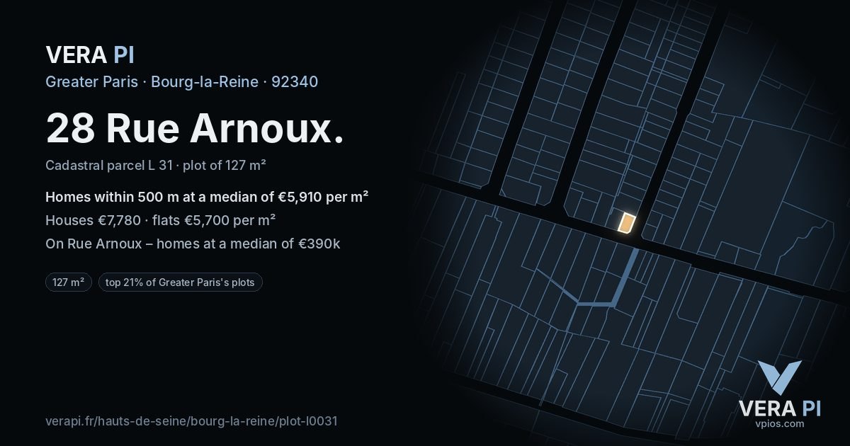 28 Rue Arnoux, Bourg-la-Reine at night – the plot lit, the parcels around coloured by the prices near them