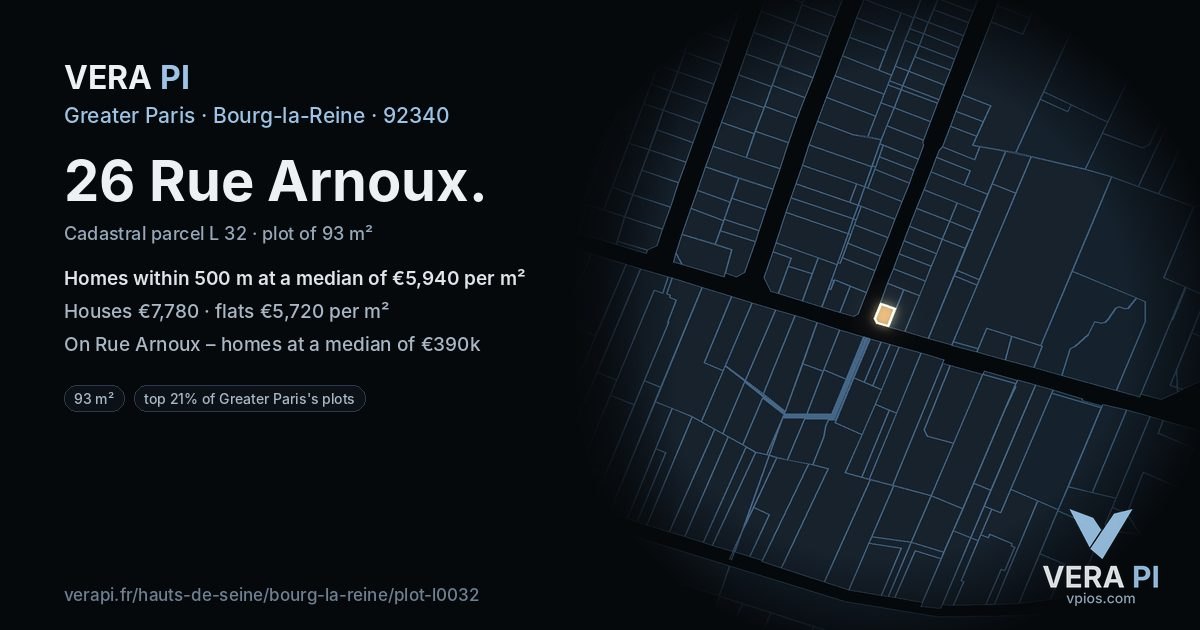 26 Rue Arnoux, Bourg-la-Reine at night – the plot lit, the parcels around coloured by the prices near them