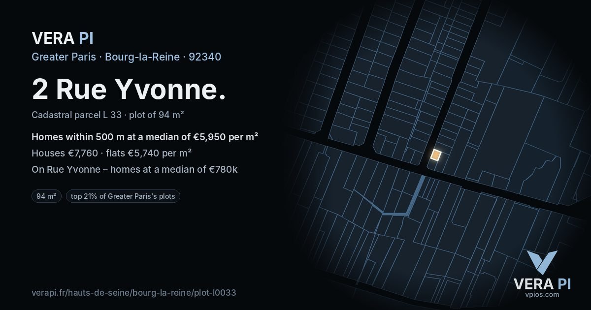 2 Rue Yvonne, Bourg-la-Reine at night – the plot lit, the parcels around coloured by the prices near them