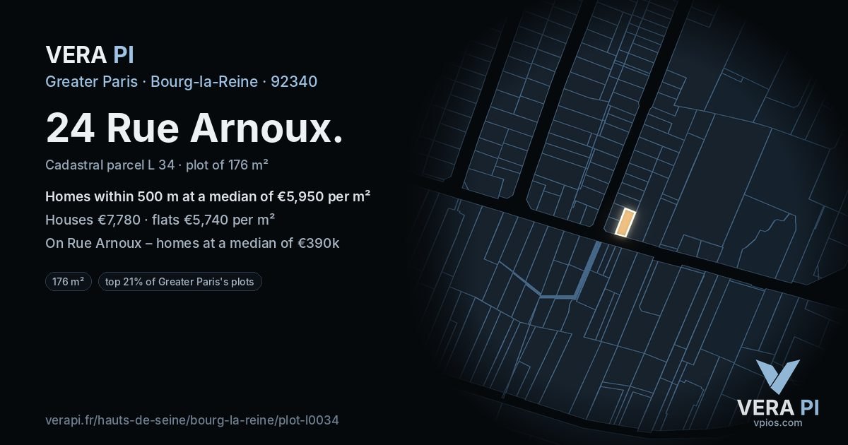 24 Rue Arnoux, Bourg-la-Reine at night – the plot lit, the parcels around coloured by the prices near them