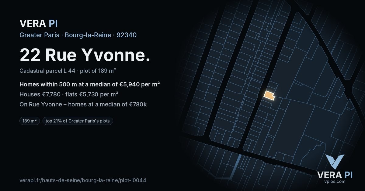 22 Rue Yvonne, Bourg-la-Reine at night – the plot lit, the parcels around coloured by the prices near them