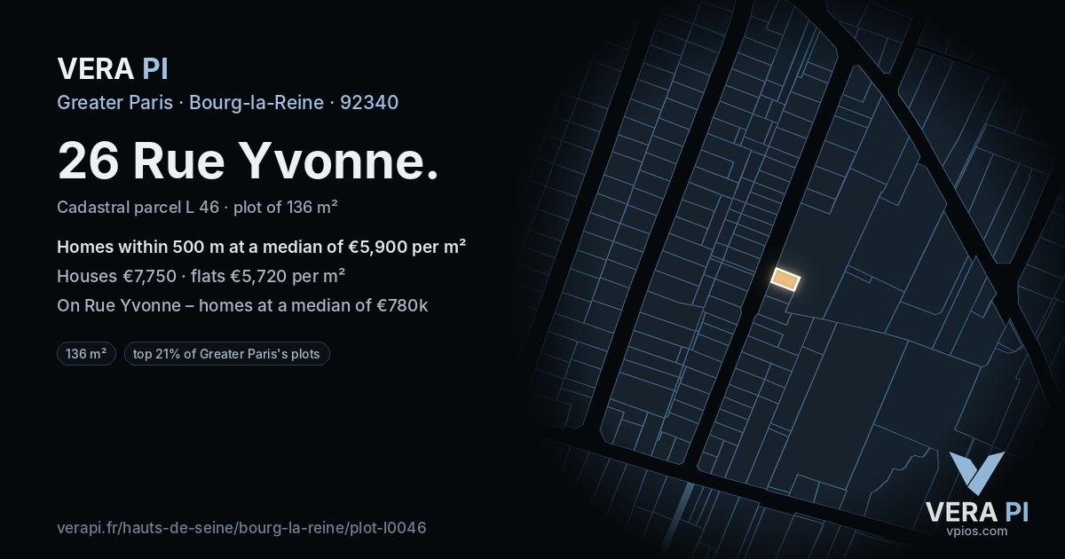 26 Rue Yvonne, Bourg-la-Reine at night – the plot lit, the parcels around coloured by the prices near them