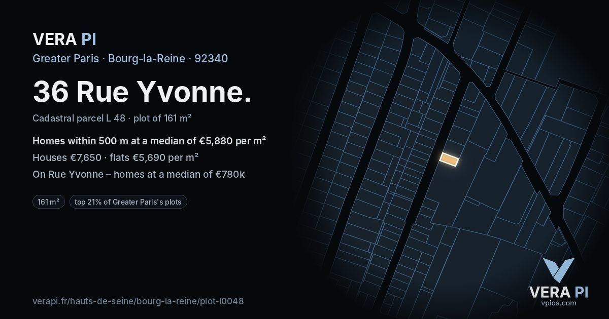 36 Rue Yvonne, Bourg-la-Reine at night – the plot lit, the parcels around coloured by the prices near them