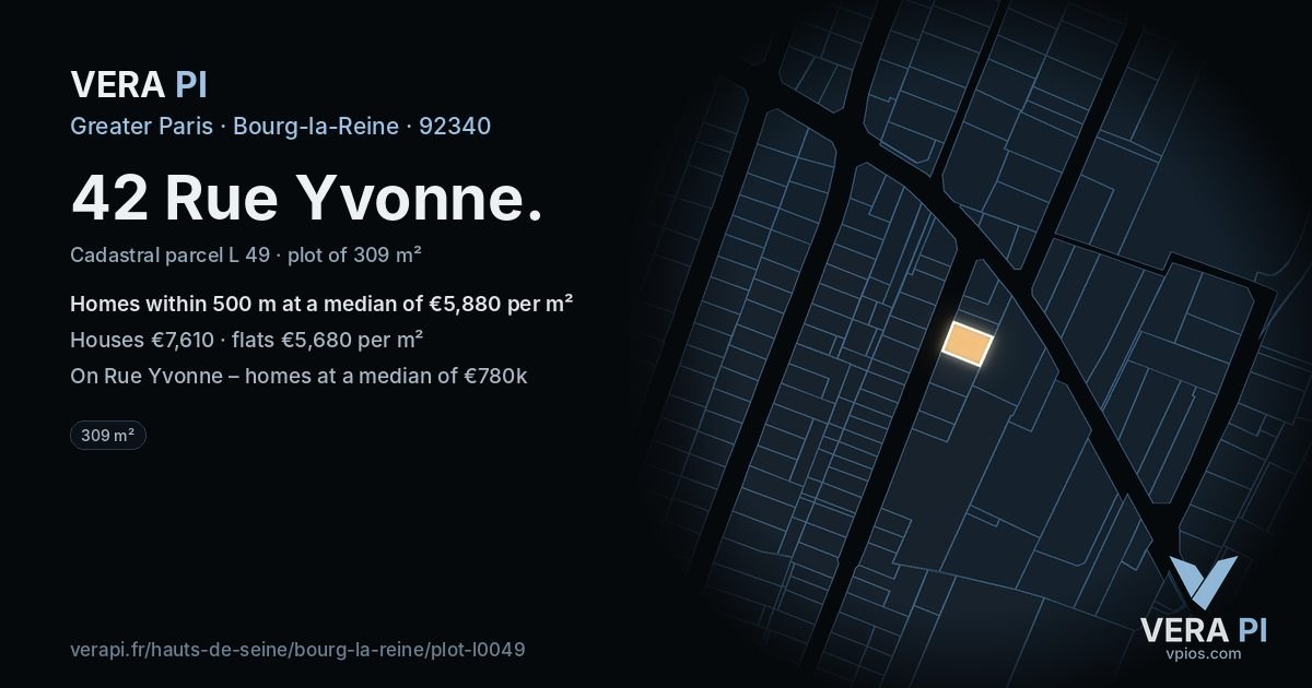 42 Rue Yvonne, Bourg-la-Reine at night – the plot lit, the parcels around coloured by the prices near them