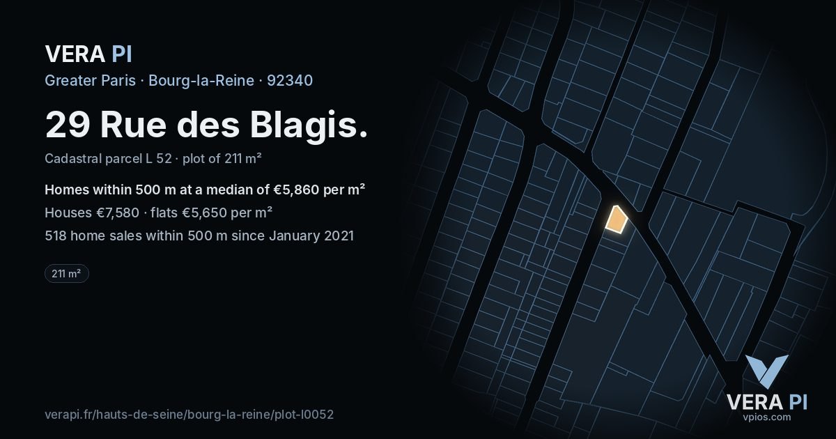 29 Rue des Blagis, Bourg-la-Reine at night – the plot lit, the parcels around coloured by the prices near them