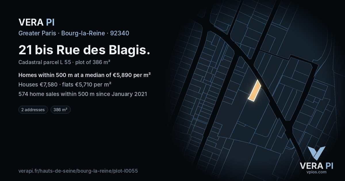 21 bis Rue des Blagis, Bourg-la-Reine at night – the plot lit, the parcels around coloured by the prices near them
