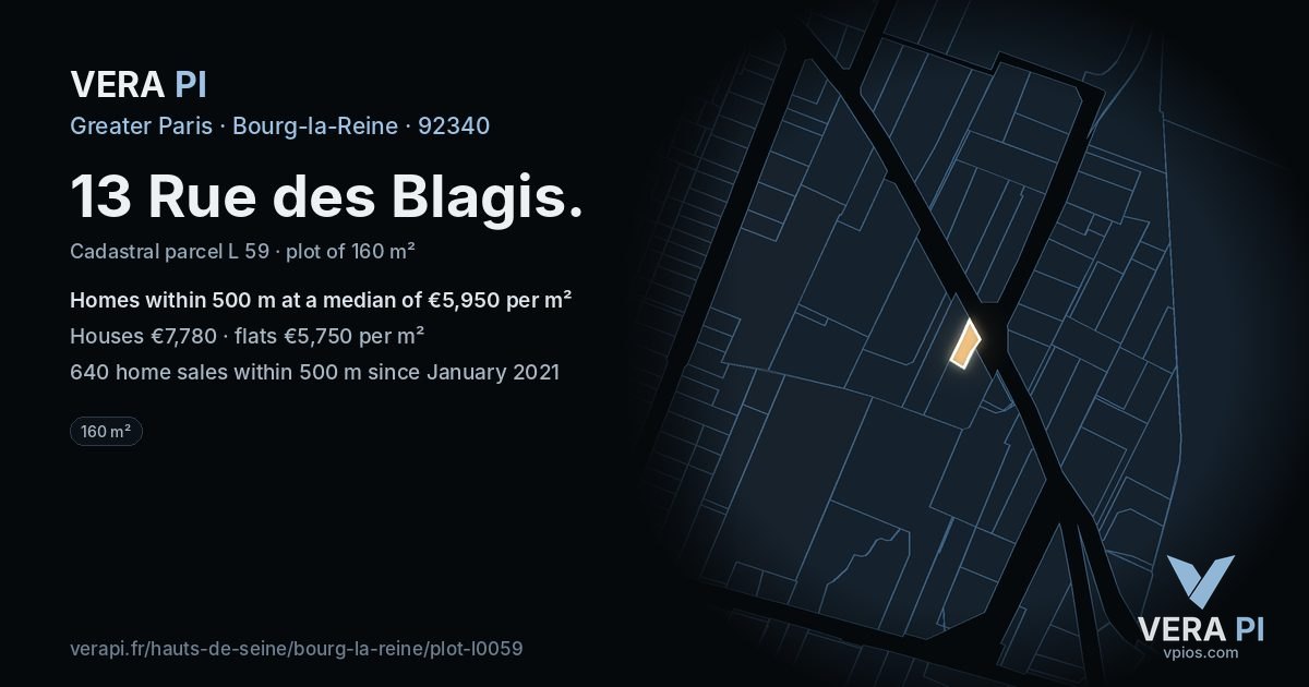 13 Rue des Blagis, Bourg-la-Reine at night – the plot lit, the parcels around coloured by the prices near them