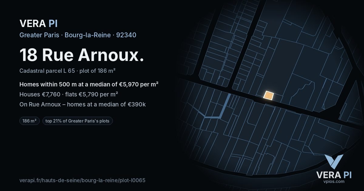 18 Rue Arnoux, Bourg-la-Reine at night – the plot lit, the parcels around coloured by the prices near them