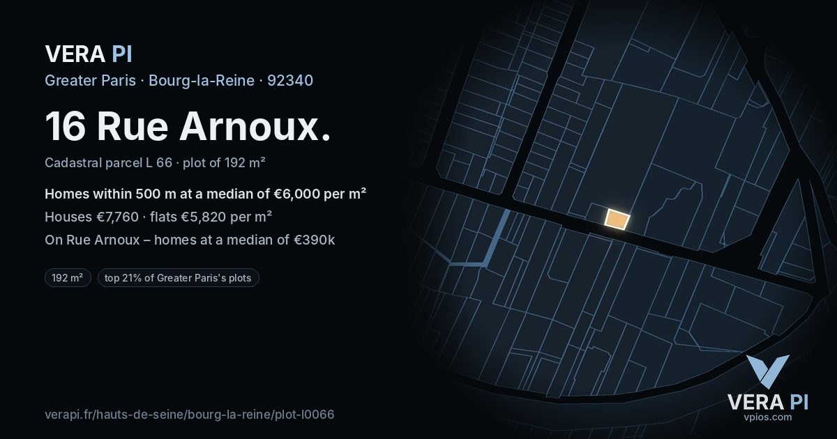 16 Rue Arnoux, Bourg-la-Reine at night – the plot lit, the parcels around coloured by the prices near them