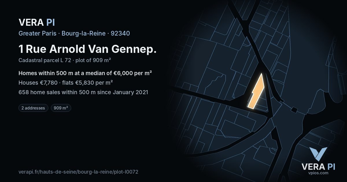 1 Rue Arnold Van Gennep, Bourg-la-Reine at night – the plot lit, the parcels around coloured by the prices near them