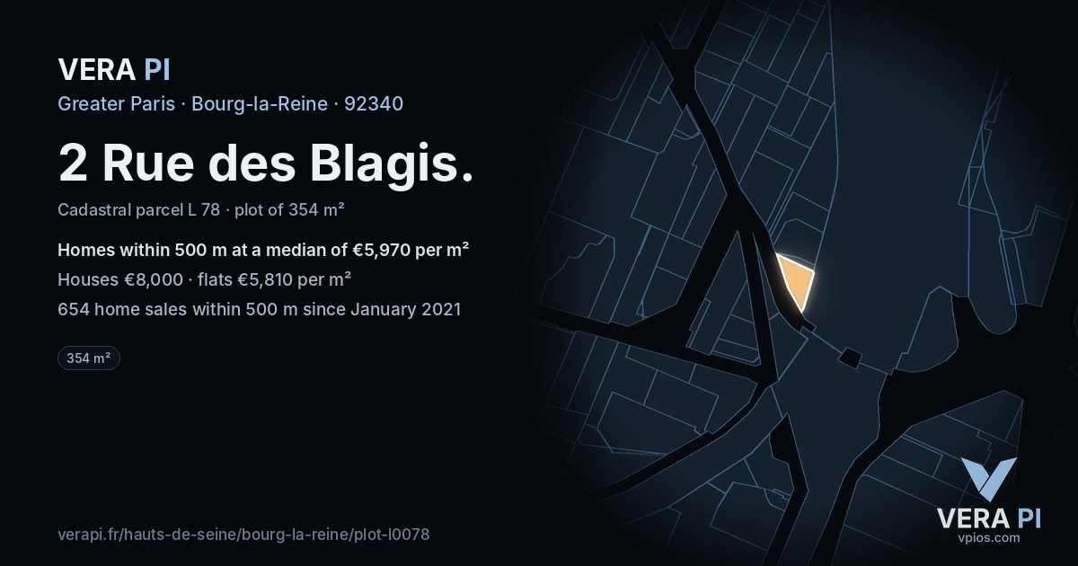 2 Rue des Blagis, Bourg-la-Reine at night – the plot lit, the parcels around coloured by the prices near them