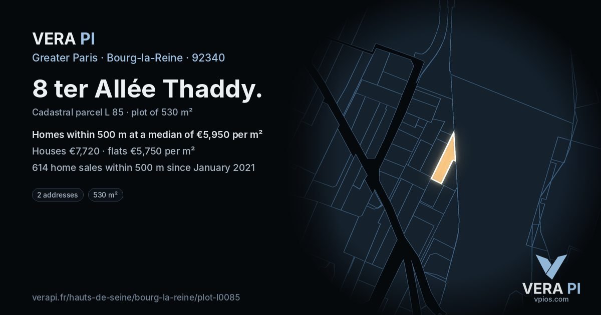 8 ter Allée Thaddy, Bourg-la-Reine at night – the plot lit, the parcels around coloured by the prices near them