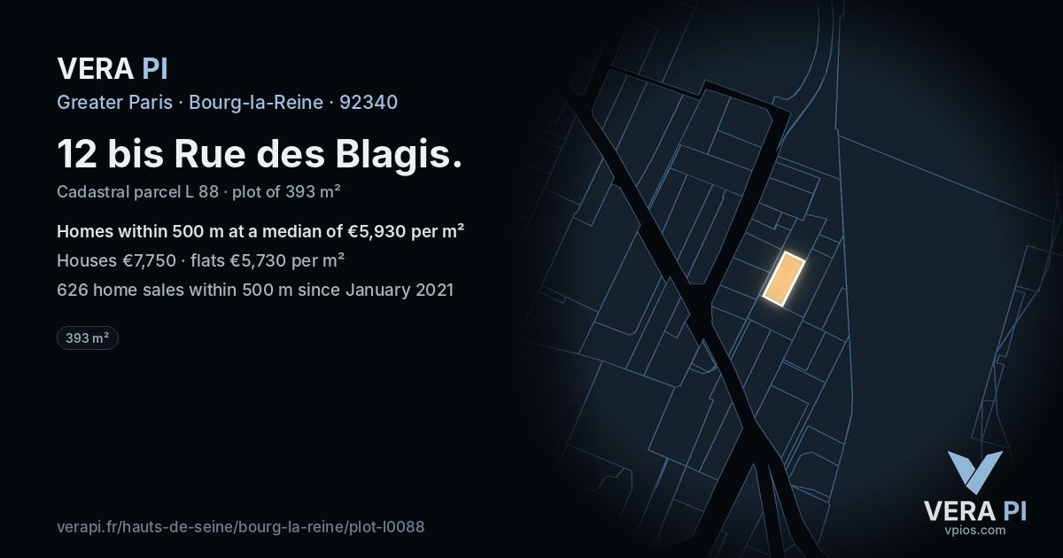 12 bis Rue des Blagis, Bourg-la-Reine at night – the plot lit, the parcels around coloured by the prices near them