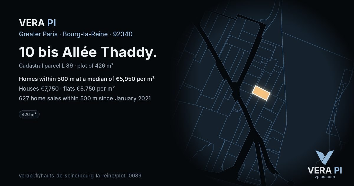 10 bis Allée Thaddy, Bourg-la-Reine at night – the plot lit, the parcels around coloured by the prices near them