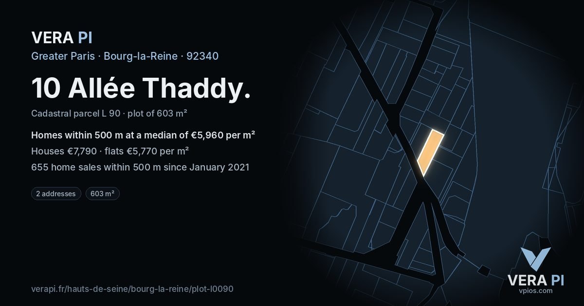 10 Allée Thaddy, Bourg-la-Reine at night – the plot lit, the parcels around coloured by the prices near them