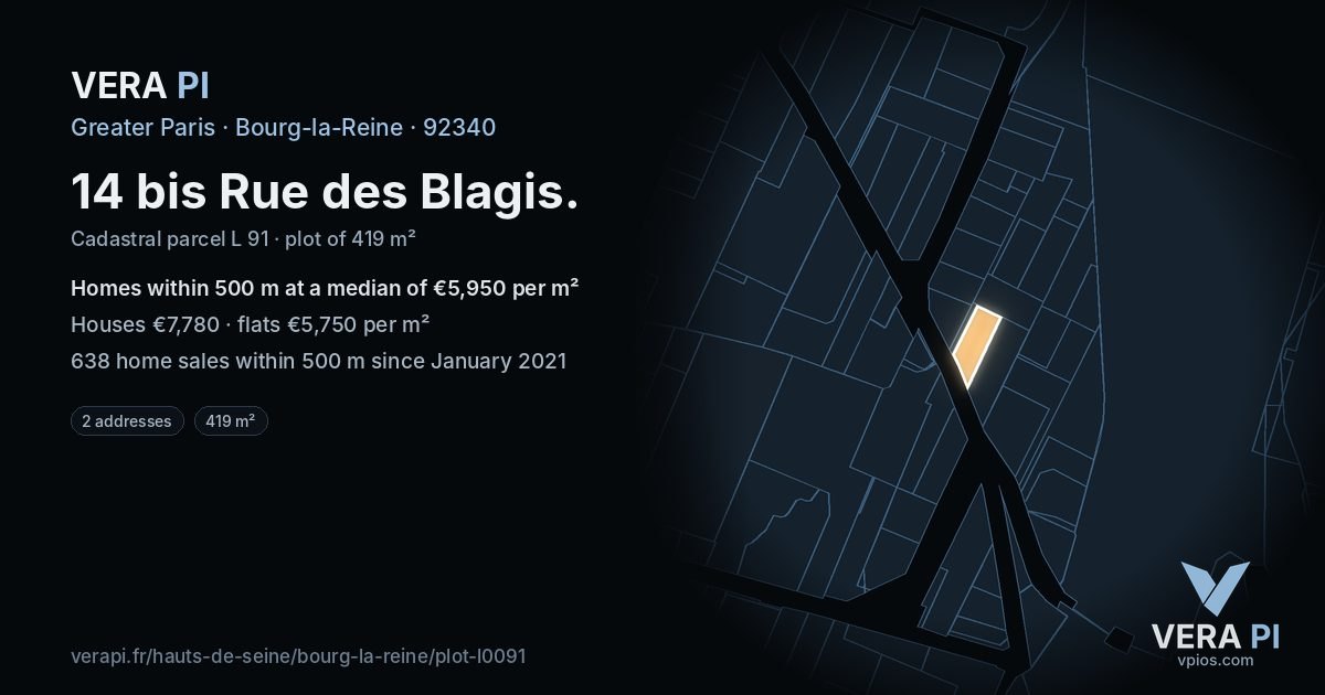 14 bis Rue des Blagis, Bourg-la-Reine at night – the plot lit, the parcels around coloured by the prices near them