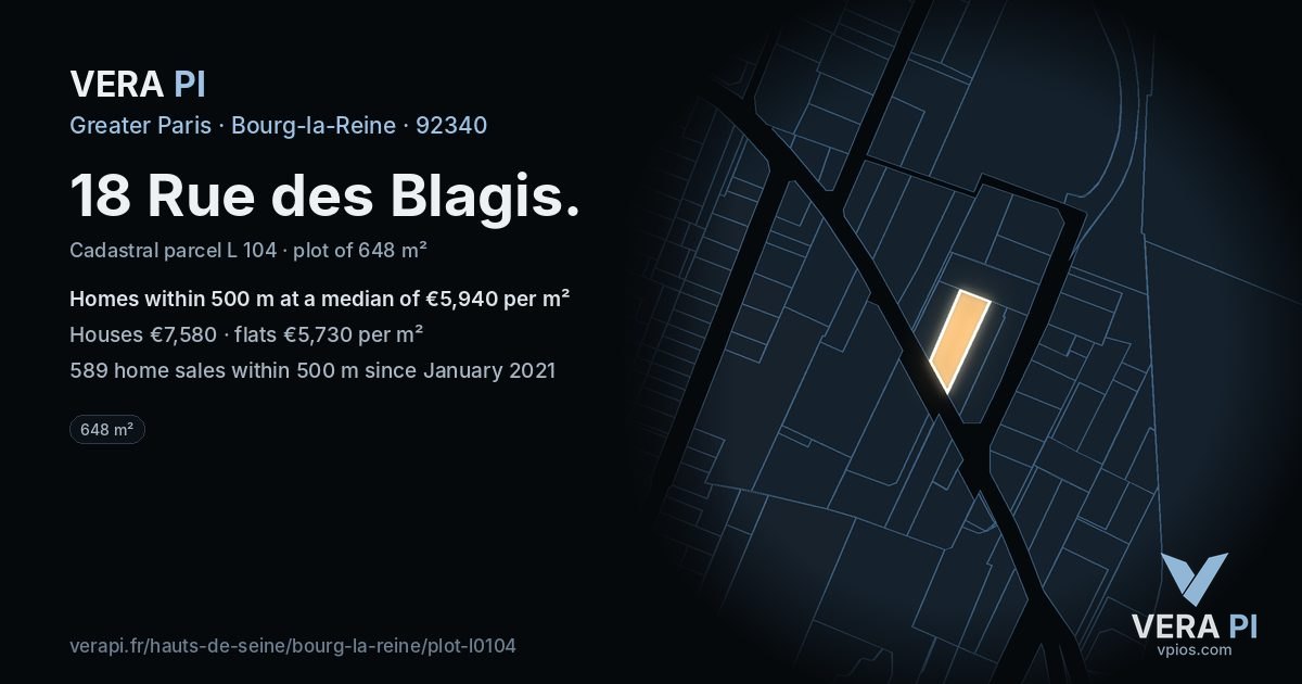 18 Rue des Blagis, Bourg-la-Reine at night – the plot lit, the parcels around coloured by the prices near them
