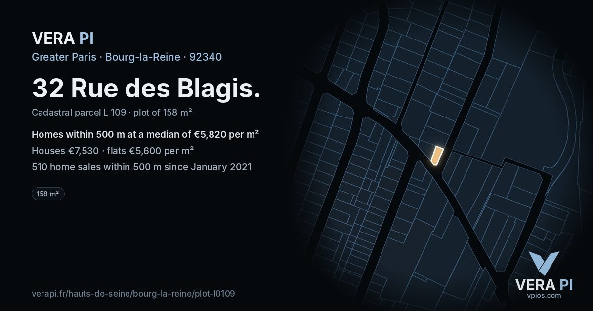 32 Rue des Blagis, Bourg-la-Reine at night – the plot lit, the parcels around coloured by the prices near them