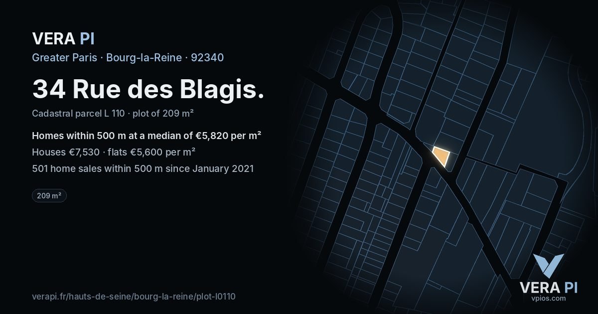 34 Rue des Blagis, Bourg-la-Reine at night – the plot lit, the parcels around coloured by the prices near them