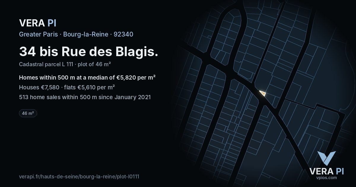 34 bis Rue des Blagis, Bourg-la-Reine at night – the plot lit, the parcels around coloured by the prices near them