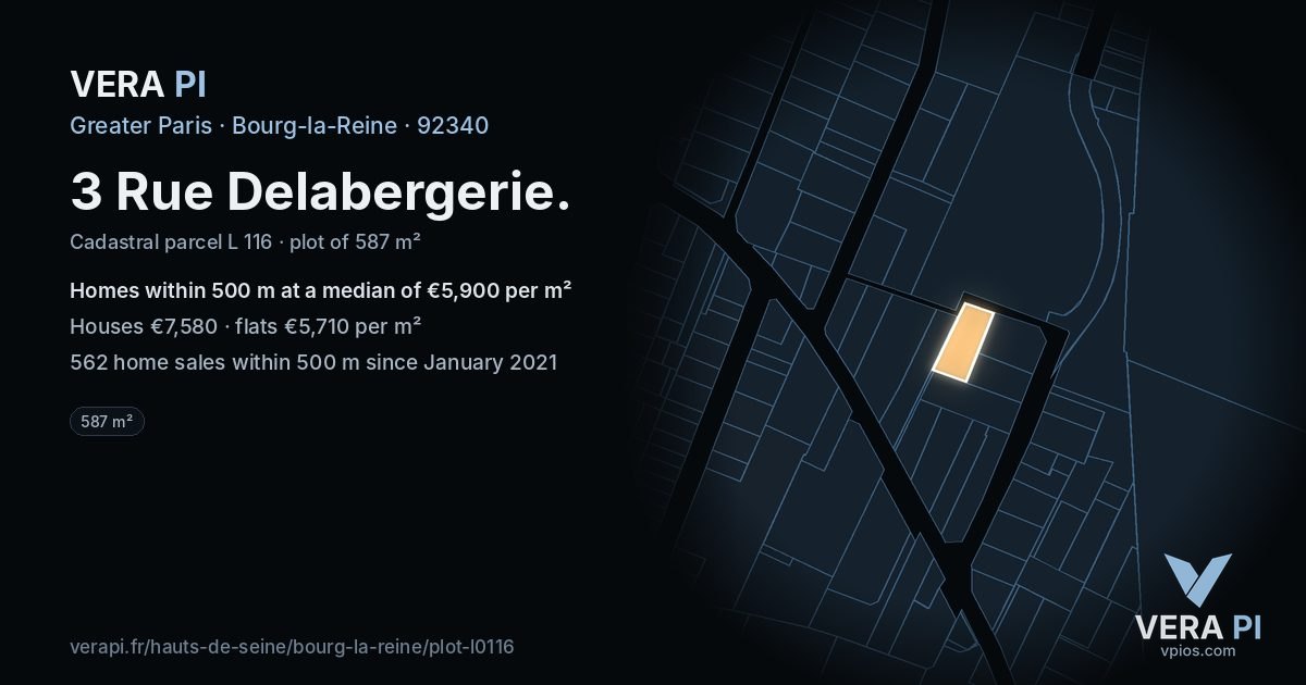 3 Rue Delabergerie, Bourg-la-Reine at night – the plot lit, the parcels around coloured by the prices near them
