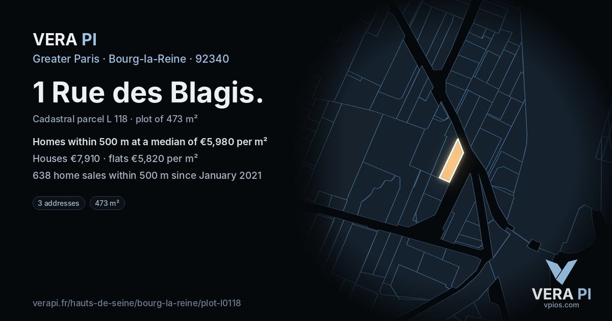 1 Rue des Blagis, Bourg-la-Reine at night – the plot lit, the parcels around coloured by the prices near them