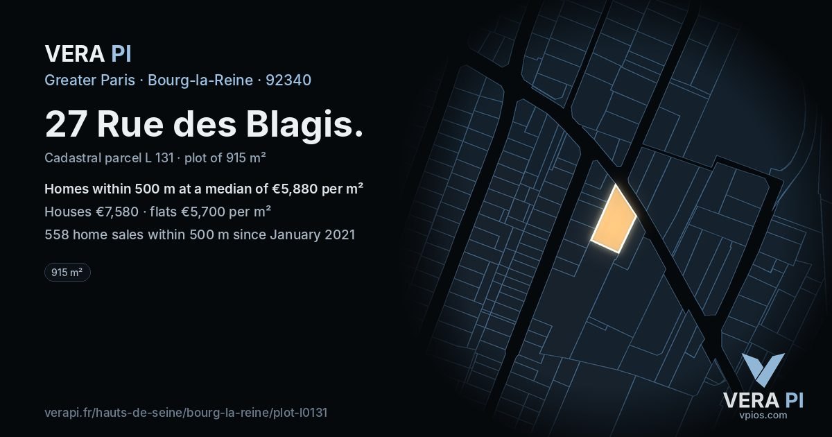 27 Rue des Blagis, Bourg-la-Reine at night – the plot lit, the parcels around coloured by the prices near them
