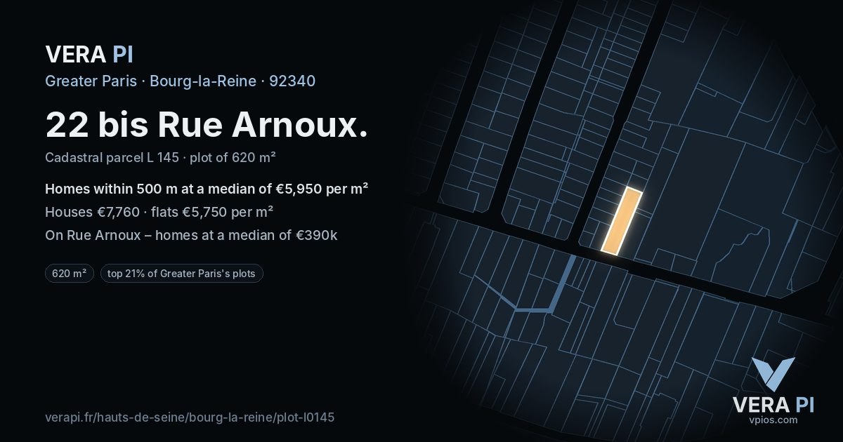 22 bis Rue Arnoux, Bourg-la-Reine at night – the plot lit, the parcels around coloured by the prices near them