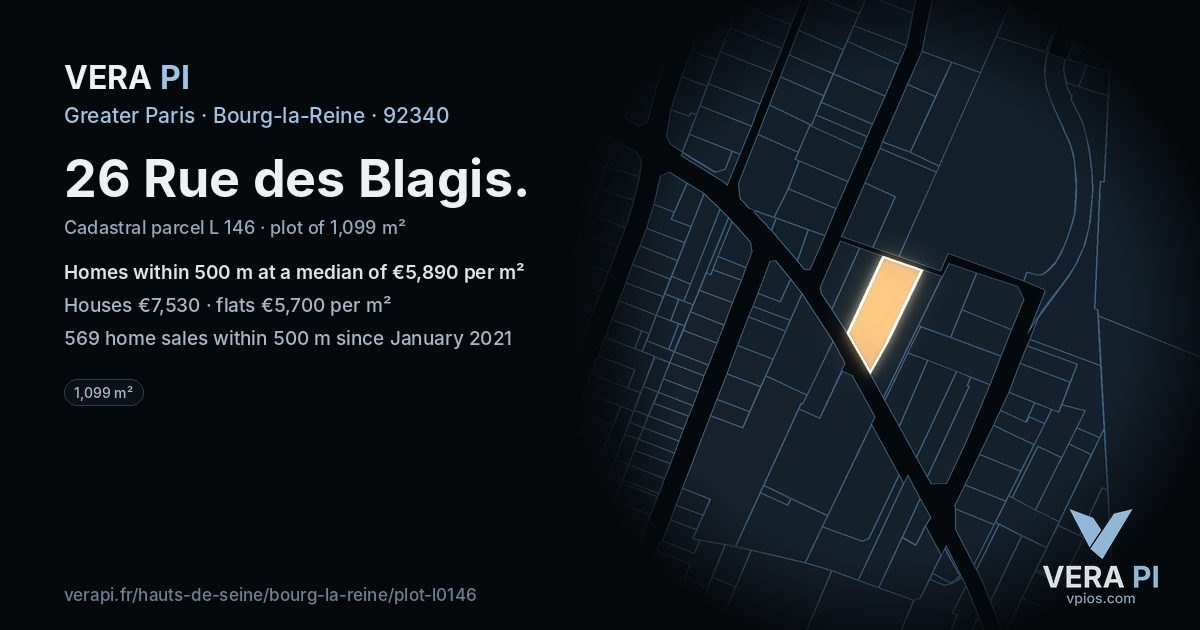 26 Rue des Blagis, Bourg-la-Reine at night – the plot lit, the parcels around coloured by the prices near them