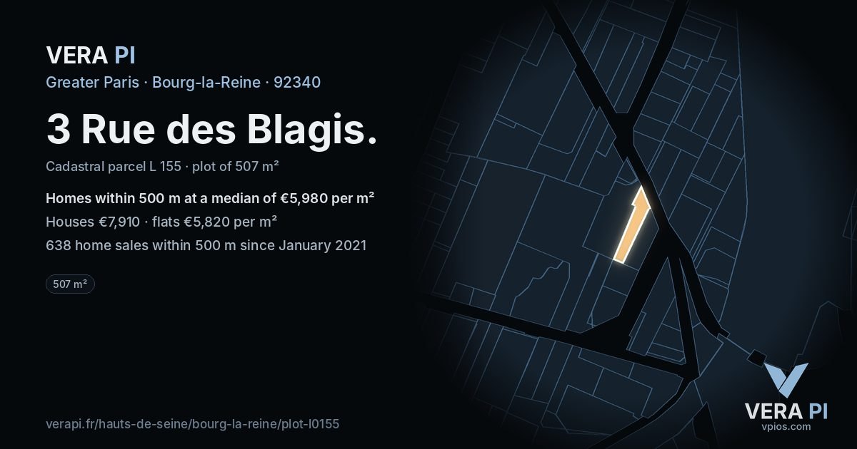 3 Rue des Blagis, Bourg-la-Reine at night – the plot lit, the parcels around coloured by the prices near them