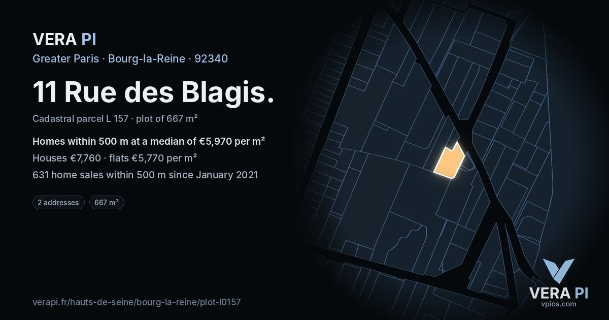 11 Rue des Blagis, Bourg-la-Reine at night – the plot lit, the parcels around coloured by the prices near them