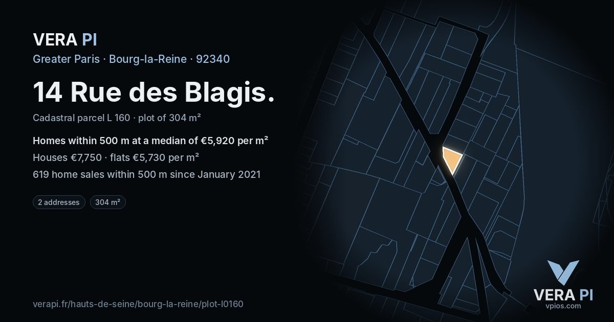 14 Rue des Blagis, Bourg-la-Reine at night – the plot lit, the parcels around coloured by the prices near them