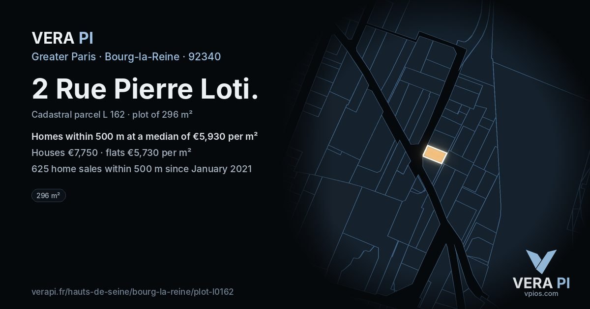 2 Rue Pierre Loti, Bourg-la-Reine at night – the plot lit, the parcels around coloured by the prices near them
