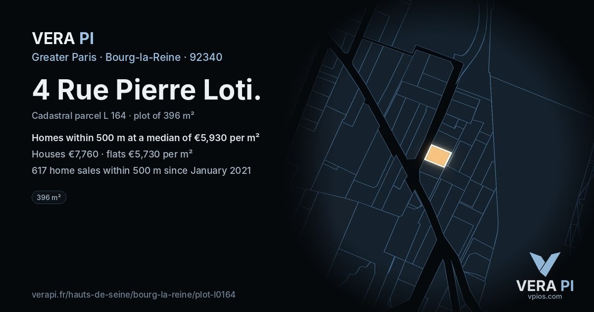 4 Rue Pierre Loti, Bourg-la-Reine at night – the plot lit, the parcels around coloured by the prices near them
