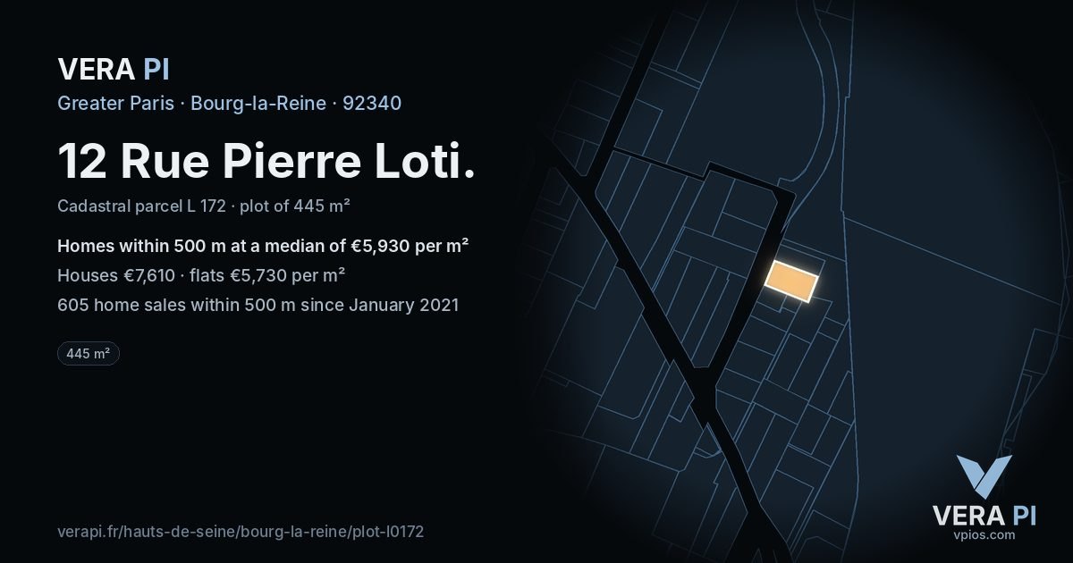 12 Rue Pierre Loti, Bourg-la-Reine at night – the plot lit, the parcels around coloured by the prices near them