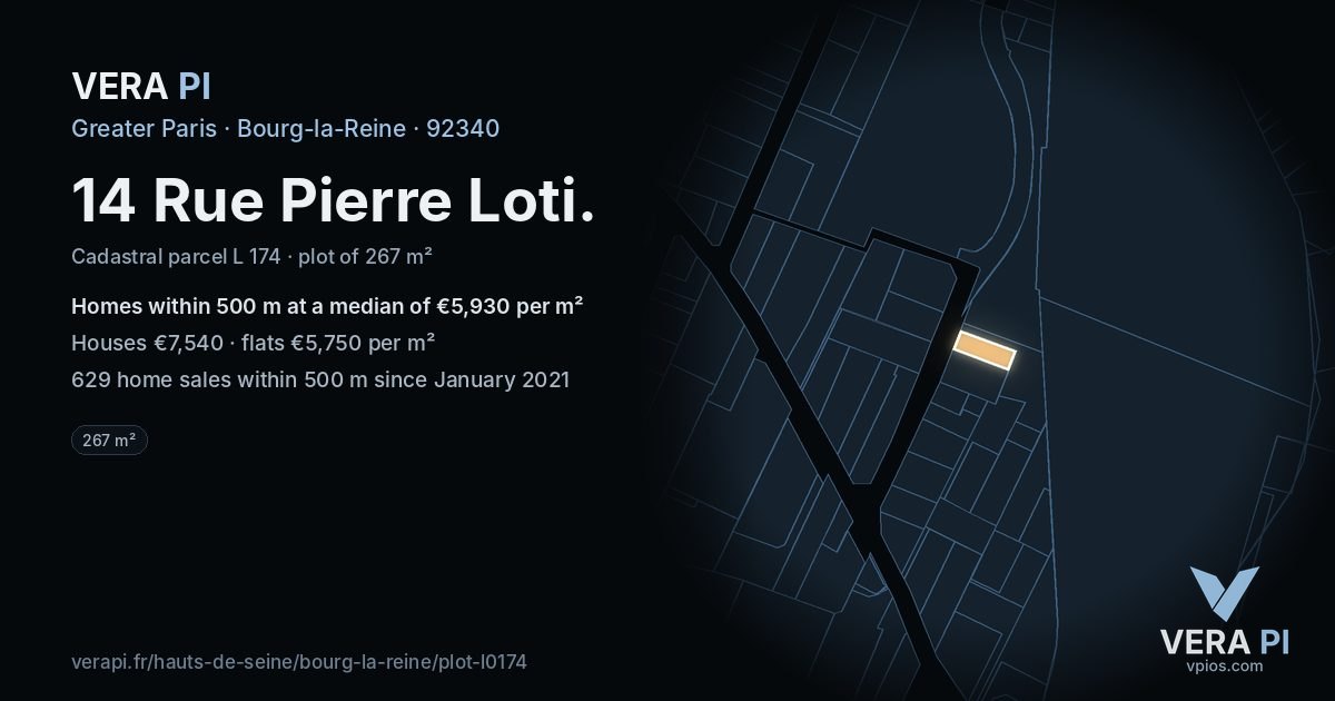 14 Rue Pierre Loti, Bourg-la-Reine at night – the plot lit, the parcels around coloured by the prices near them