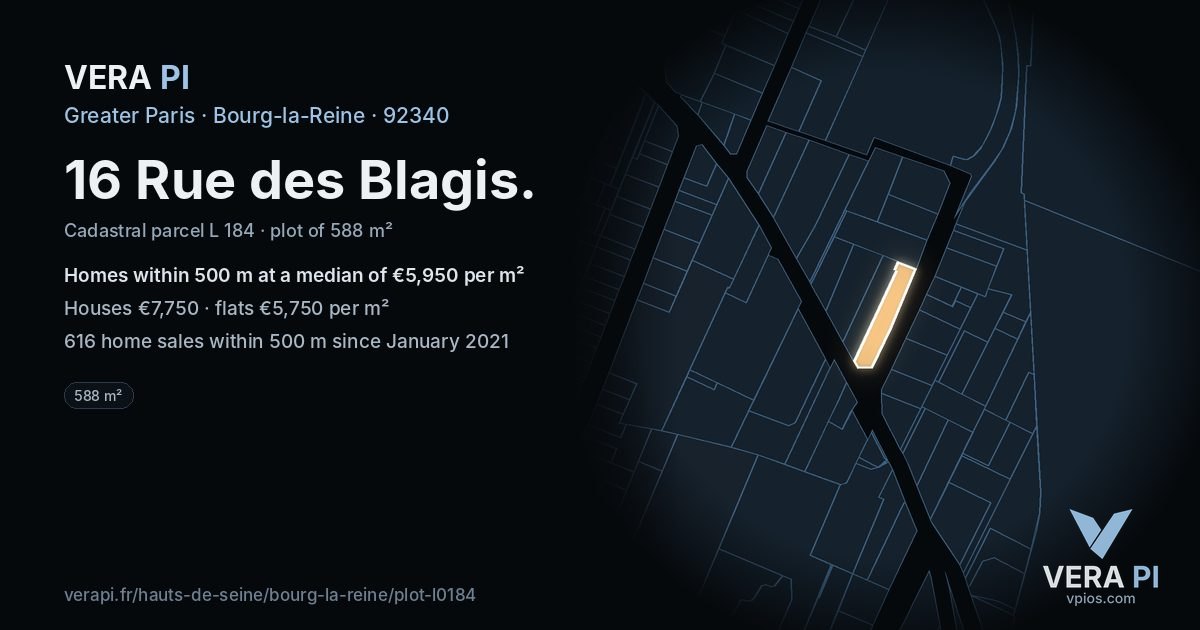 16 Rue des Blagis, Bourg-la-Reine at night – the plot lit, the parcels around coloured by the prices near them
