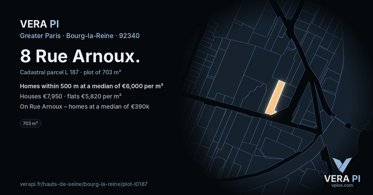 8 Rue Arnoux, Bourg-la-Reine at night – the plot lit, the parcels around coloured by the prices near them
