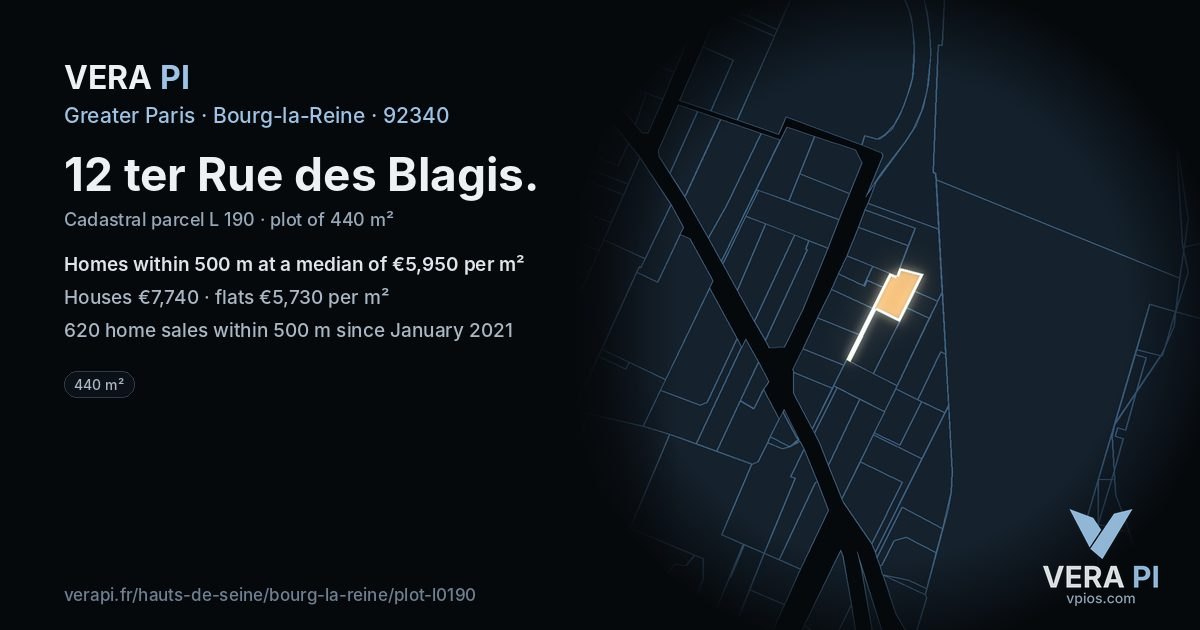 12 ter Rue des Blagis, Bourg-la-Reine at night – the plot lit, the parcels around coloured by the prices near them