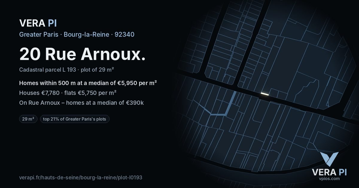 20 Rue Arnoux, Bourg-la-Reine at night – the plot lit, the parcels around coloured by the prices near them